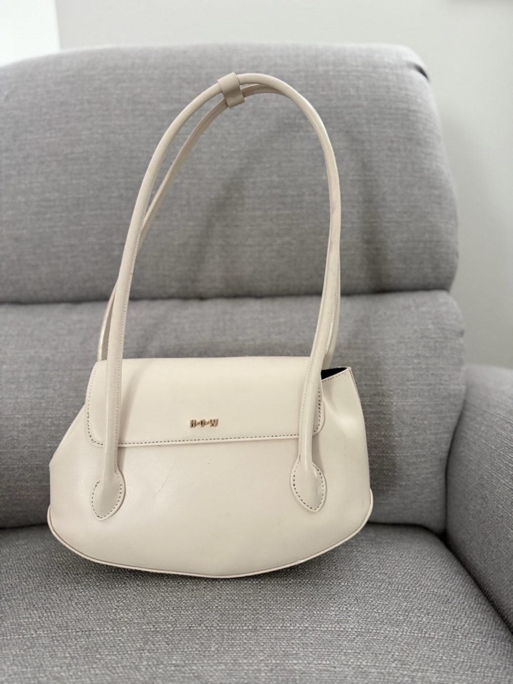 Cream Leather Shoulder Bag with Gold Logo Accent